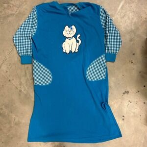 Vintage Blue Plaid White Embroidered Cat Size XL Night Gown Dress